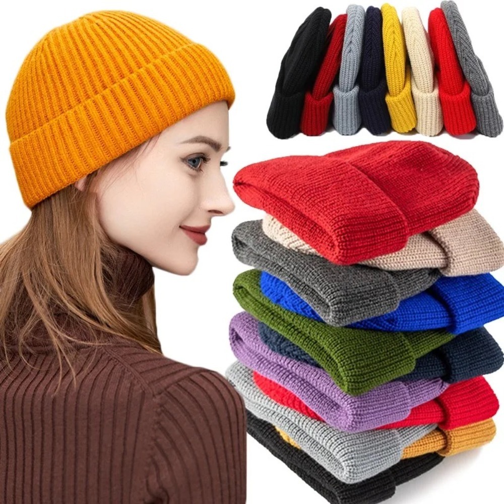 Beanie Cuffed Knit - Sonbahar Kış Unisex Düz Renk Manşetli